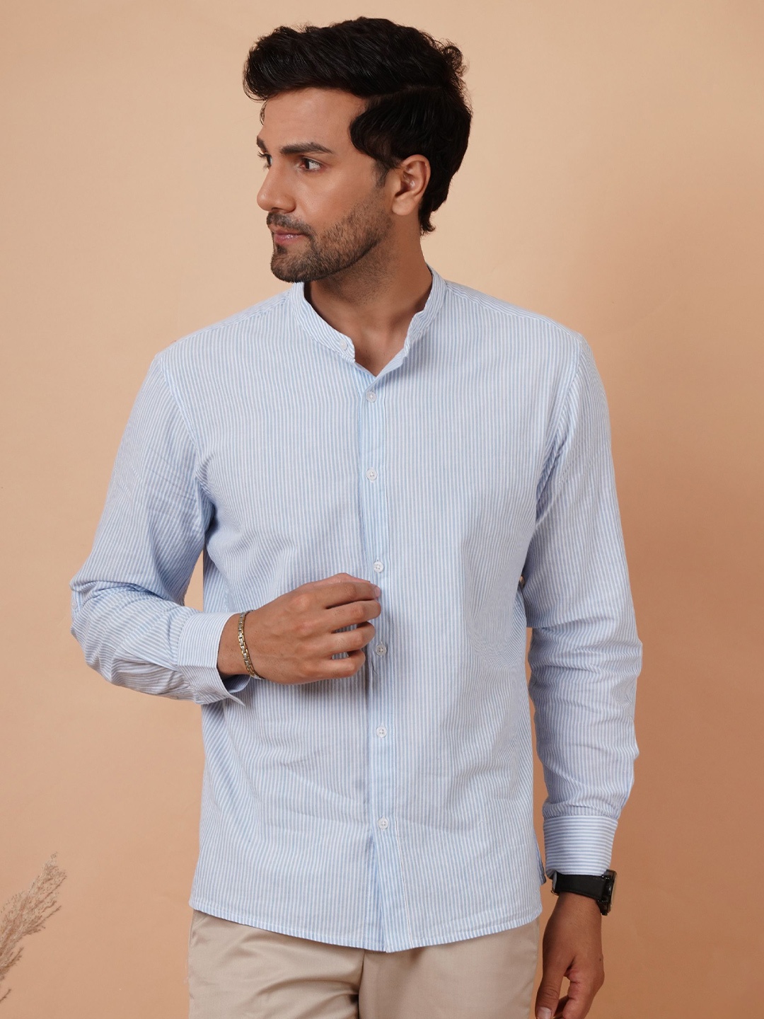 

NUEVOSDAMAS Men Smart Band Collar Vertical Striped Cotton Casual Shirt, Blue