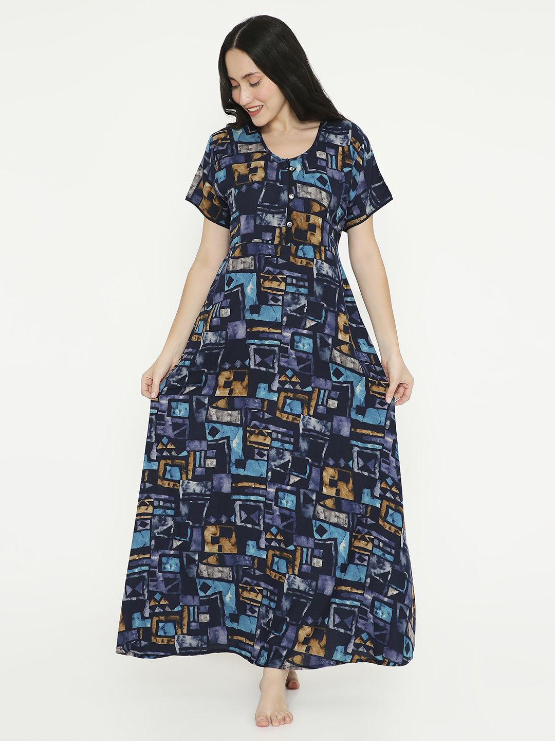 

NIGHTSPREE Women Abstract Printed Maxi Nightdress, Blue