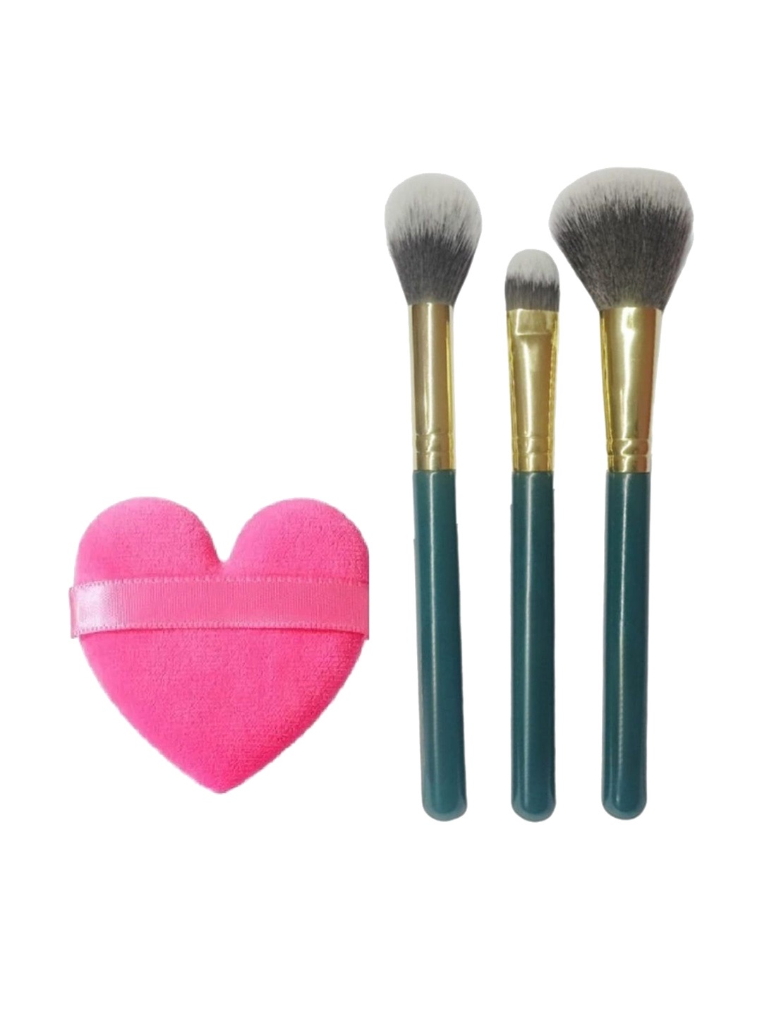 

Facejewel Set of 3 Makeup Brush with 1 Heart Makeup Puff, Green