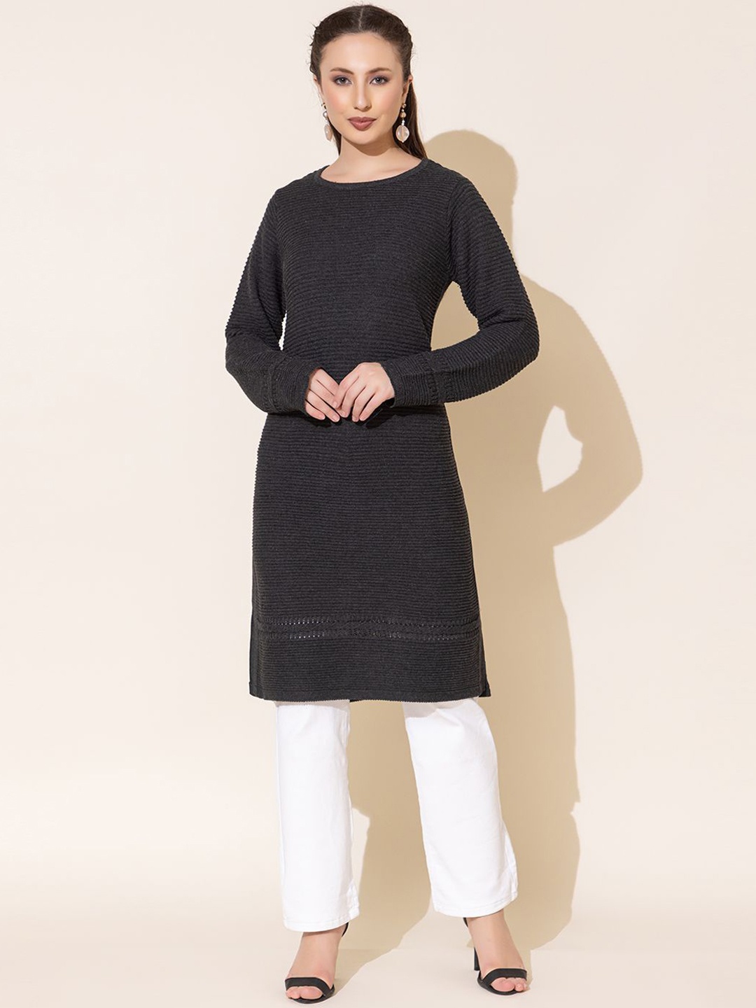 

Anouk Striped Round Neck Jacquard Regular Straight Kurta, Grey