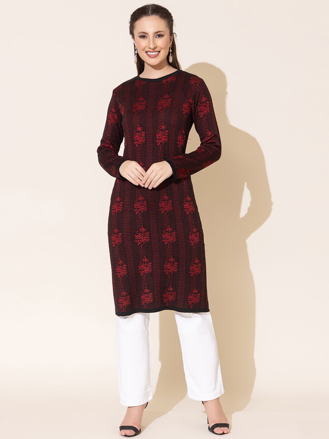 

Anouk Floral Woven Design Flared Sleeves Thread Work Jacquard A-Line Kurta, Black
