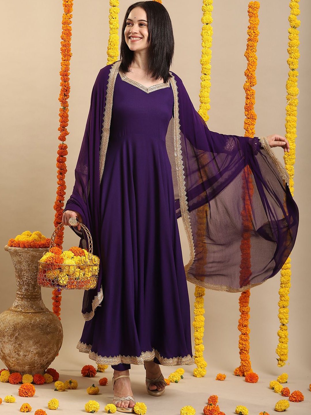 

Anni Designer Sweetheart Neck Sequinned Anarkali Kurta With Trousers & Dupatta, Purple