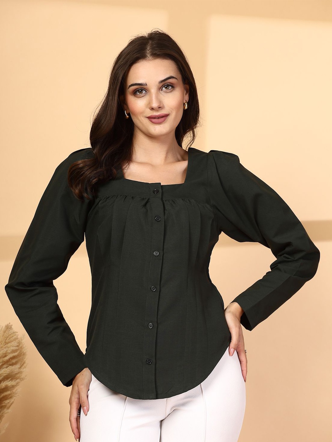 

plusS Women Collarless Solid Cotton Casual Shirt, Olive