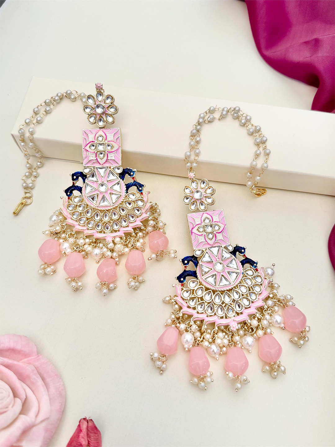 

ABDESIGNS Gold-Plated Meenakari Kundan Studded & Beaded Drop Earrings