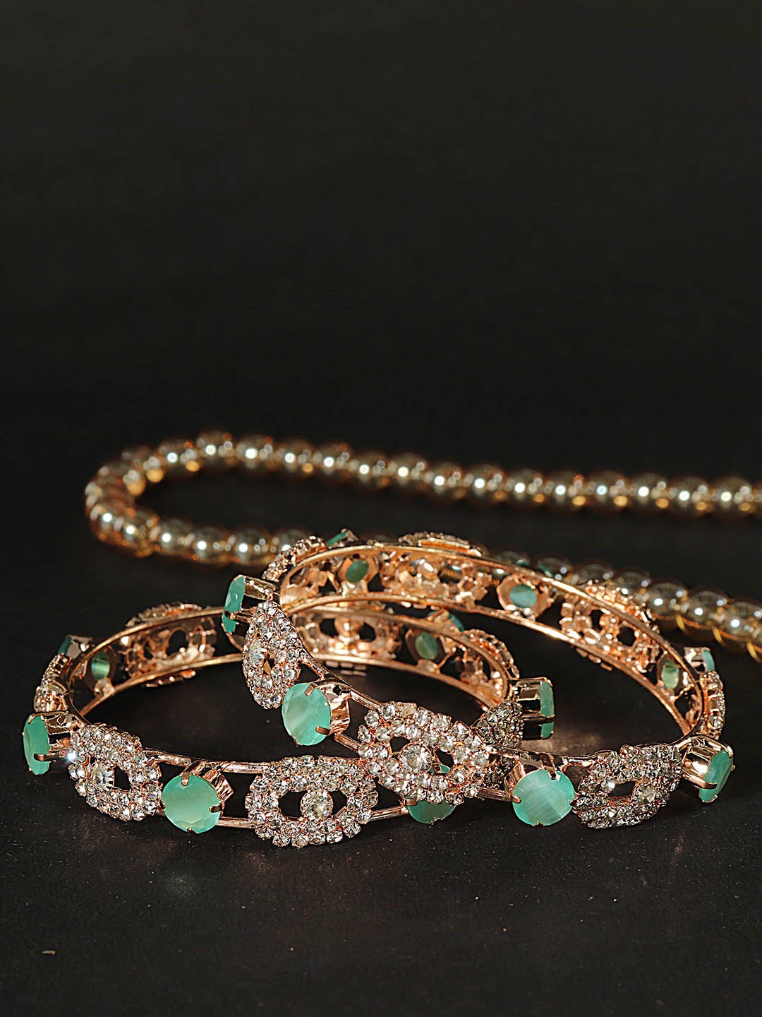 

LAVAZZA Set Of 2 Rose Gold-Plated CZ & Amercian Diamond Studded Kada Bangles, Teal
