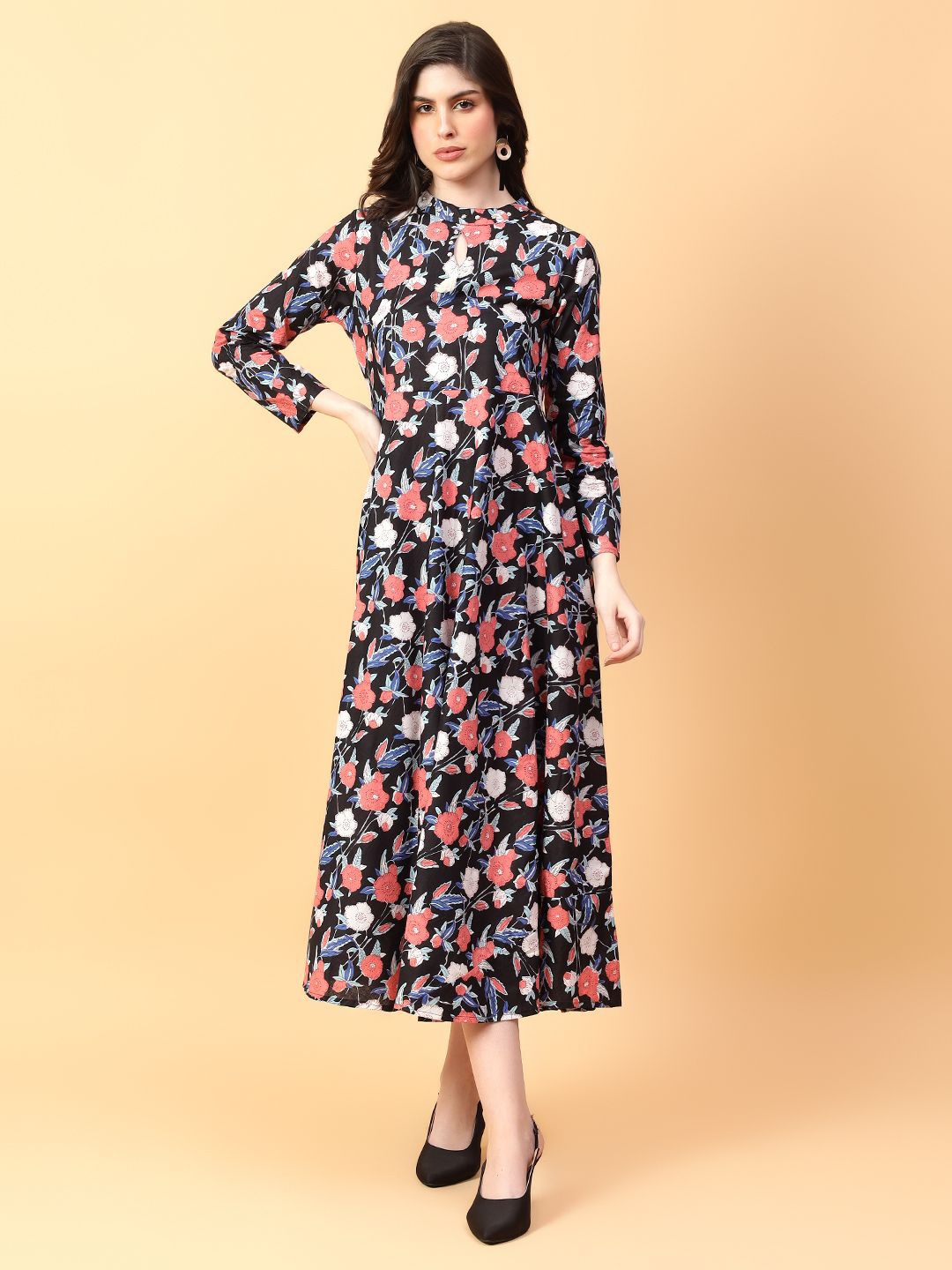 

aayusika Women Floral Printed Midi Cotton A-line Dress, Black