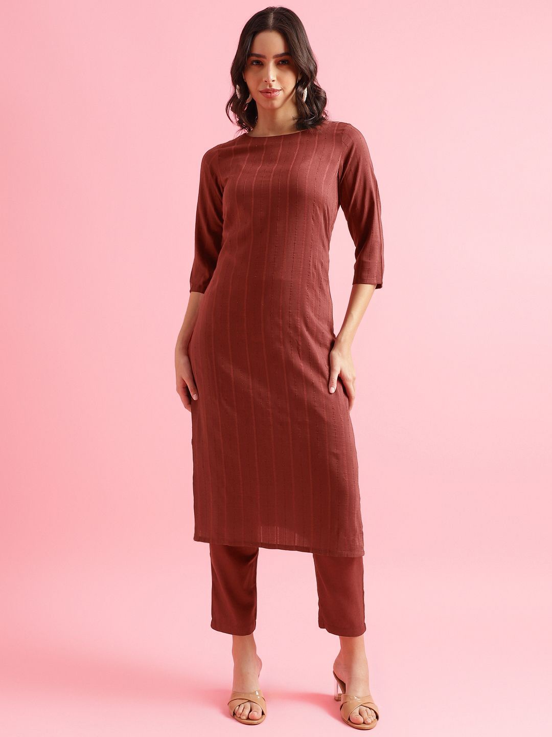 

KALINI Striped Printed Sequinned Round Neck Silk Blend Straight Kurta With Trousers, Maroon