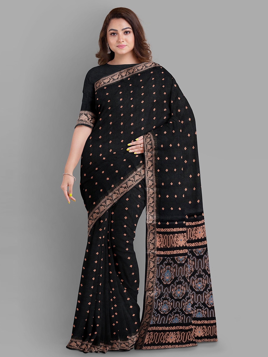 

The Chennai Silks Ethnic Motifs Printed Zari Pure Cotton Taant Saree, Black