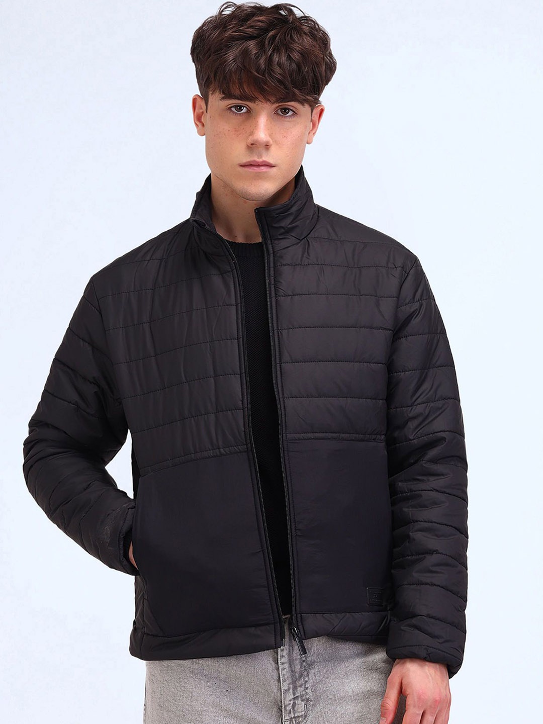 

Flying Machine Men Mock Collar Solid Casual Padded Jacket, Black