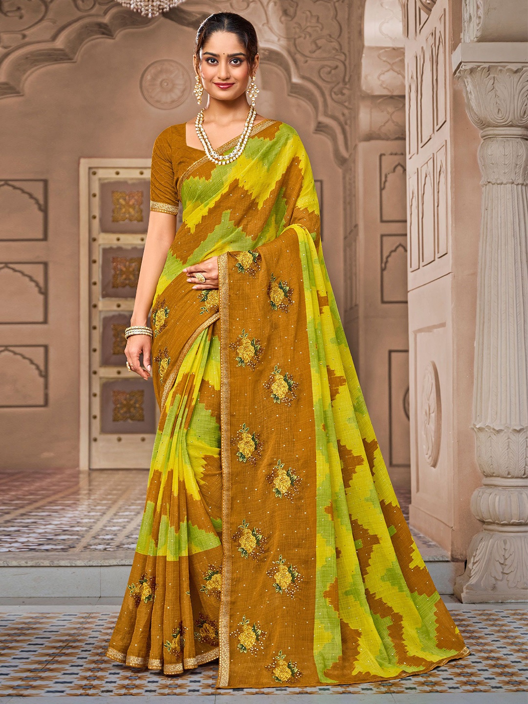 

Laxmipati Floral Printed Embellished Mukaish Work Designer Saree, Green