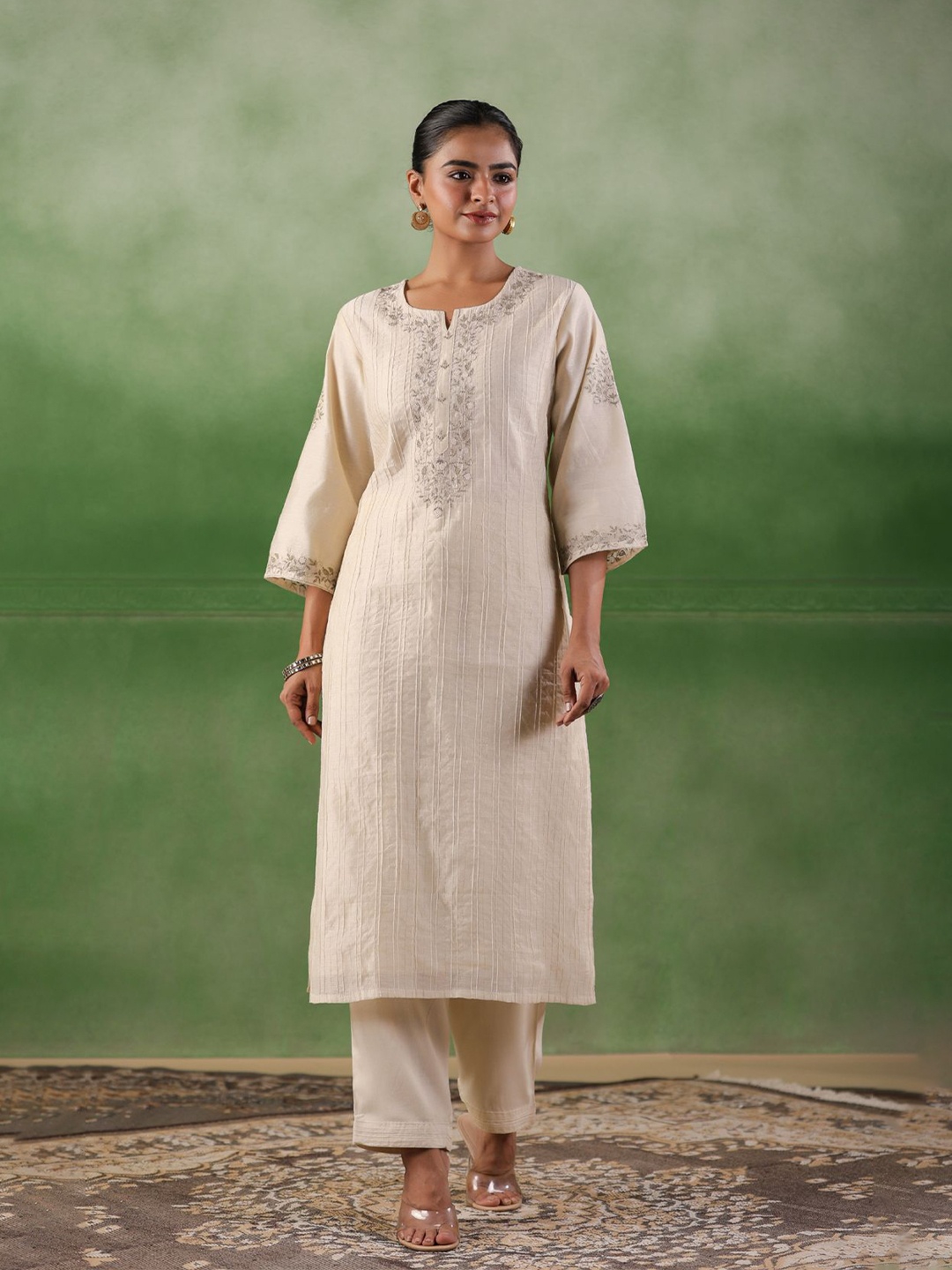 

Geroo Jaipur Floral Embroidered Chanderi Cotton A-Line Kurta With Trouser, Off white