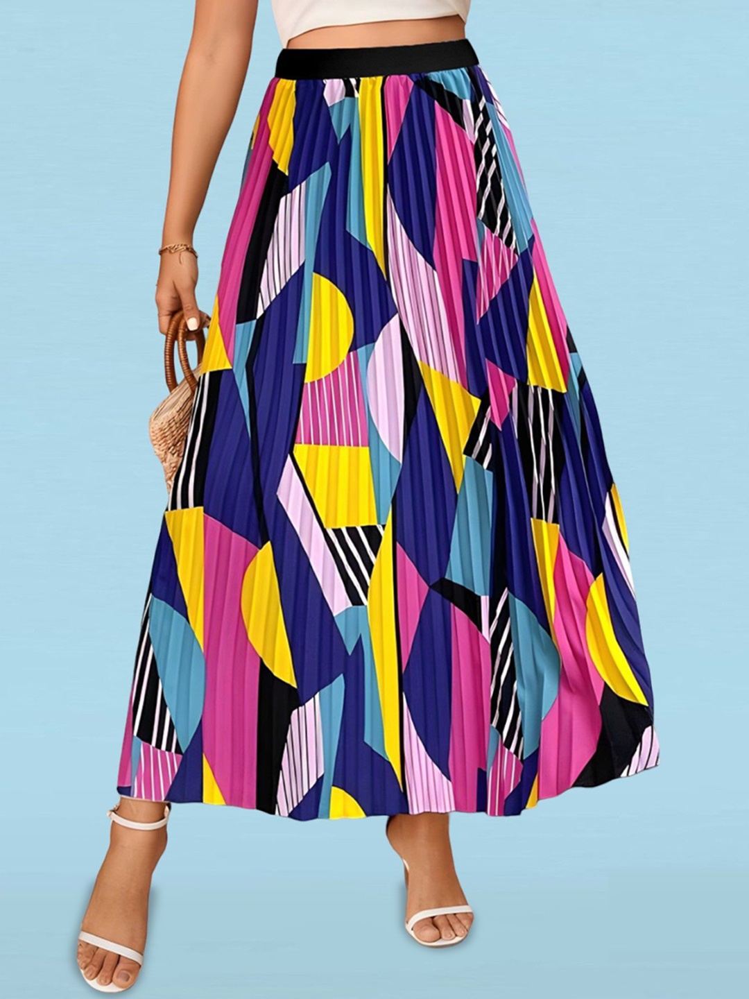 

Krunal Raiyani Geometric Printed Pleated Maxi Flared Skirt, Blue