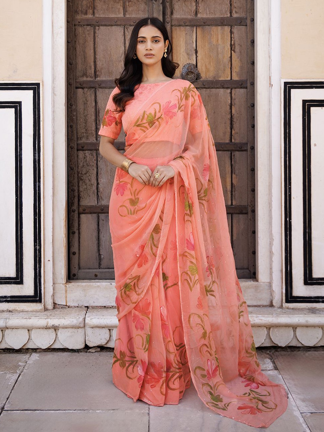 

Geroo Jaipur Floral Pure Chiffon Ready to Wear Saree, Peach