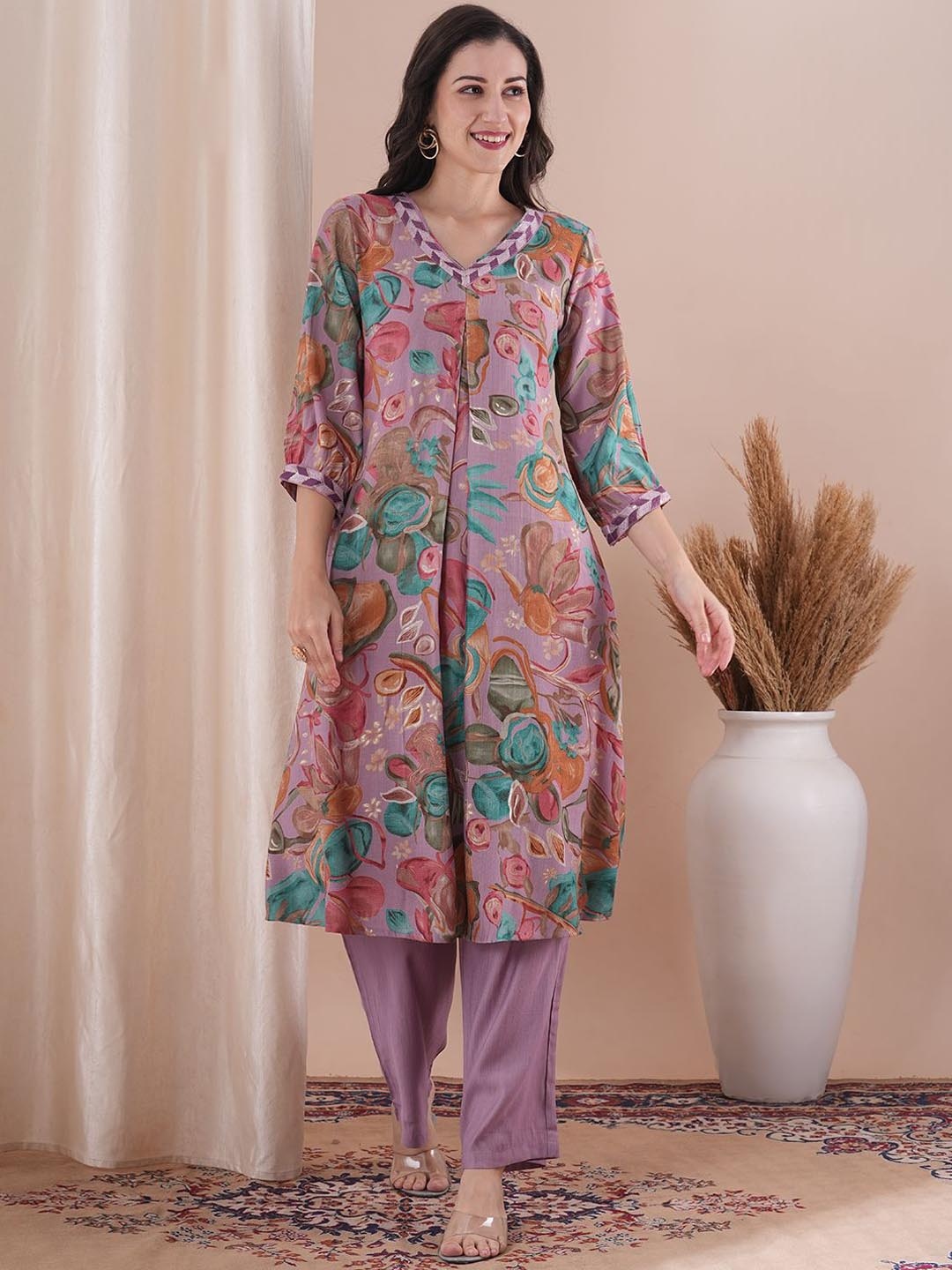 

FASHOR V-Neck Floral Printed A-Line Kurta with Palazzos, Lavender