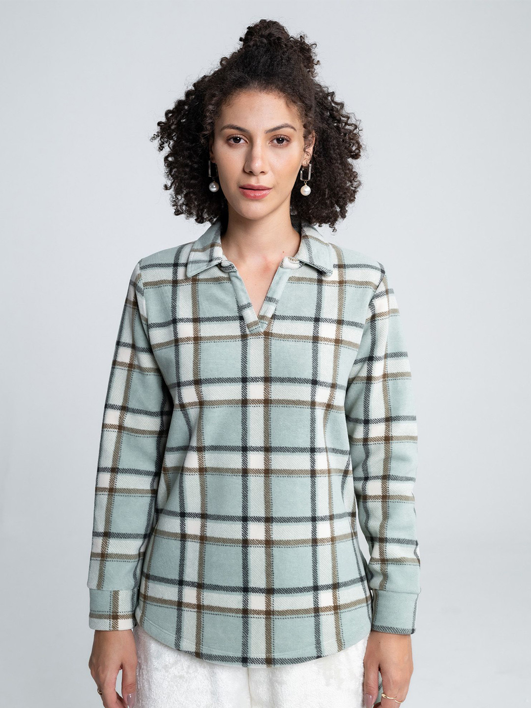 

EDRIO Women Checked Sweatshirt, Teal