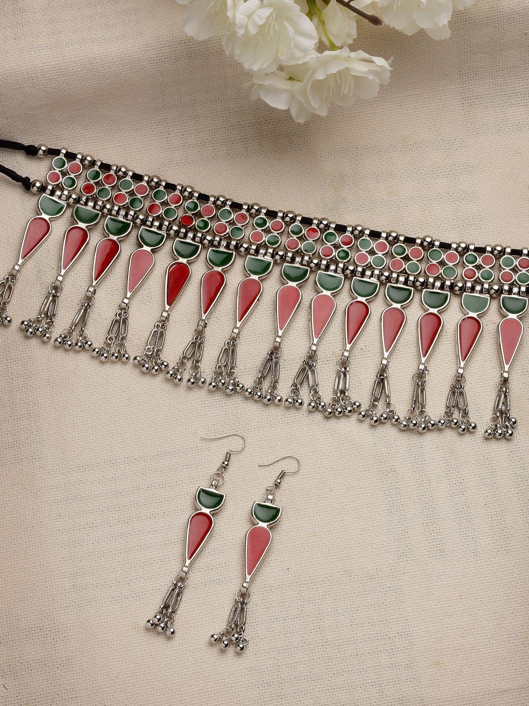 

Anouk Red & Green Silver-Plated Oxidised Meenakari Jewellery Set