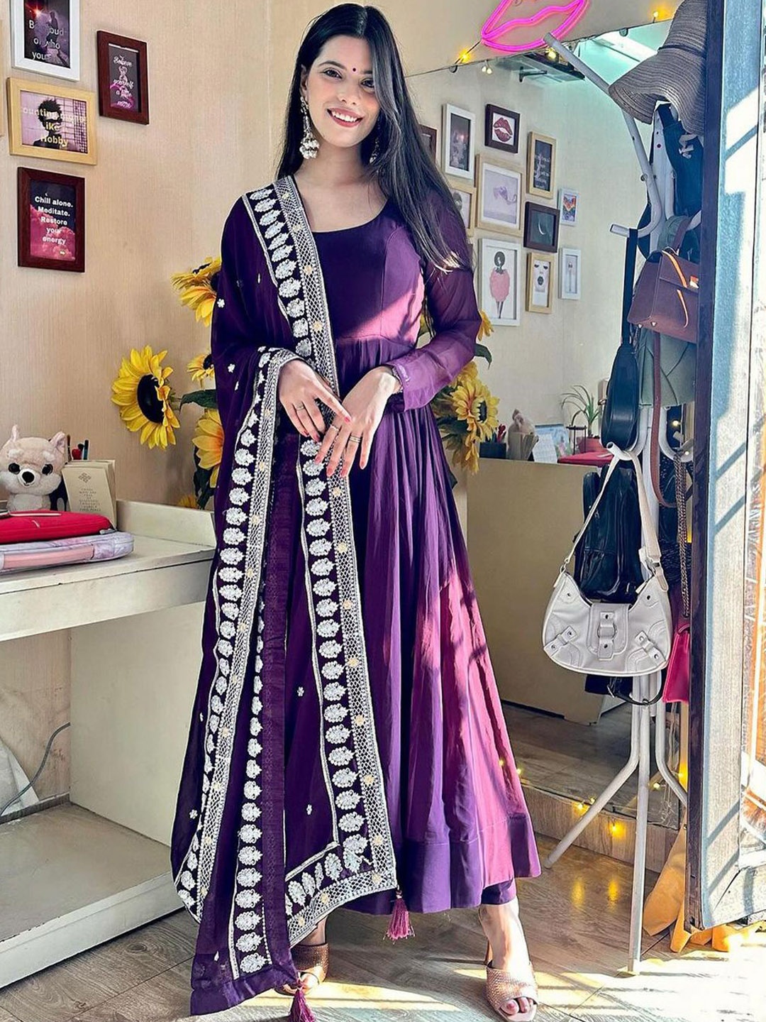 

Tanhai Round Neck Long Sleeves Regular Georgette Kurta With Trouser With Dupatta, Purple