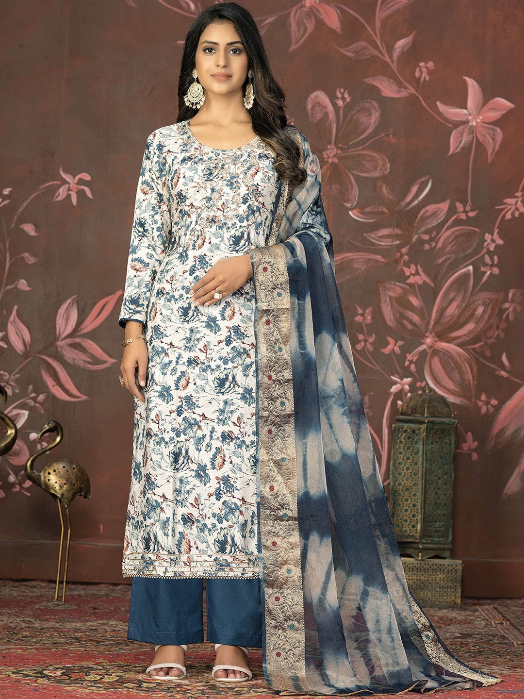 

Maroosh Floral Embellished Unstitched Dress Material, White