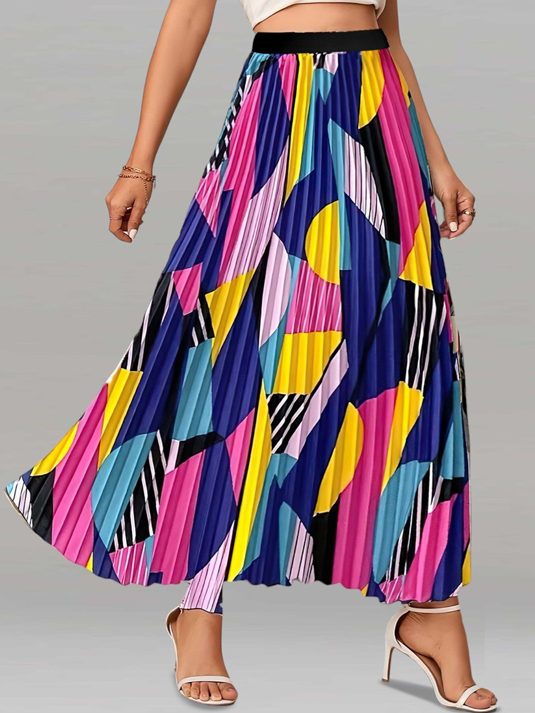 

Raiyani Enterprise Women Printed Accordion Pleated Flared Maxi Skirt, Navy blue