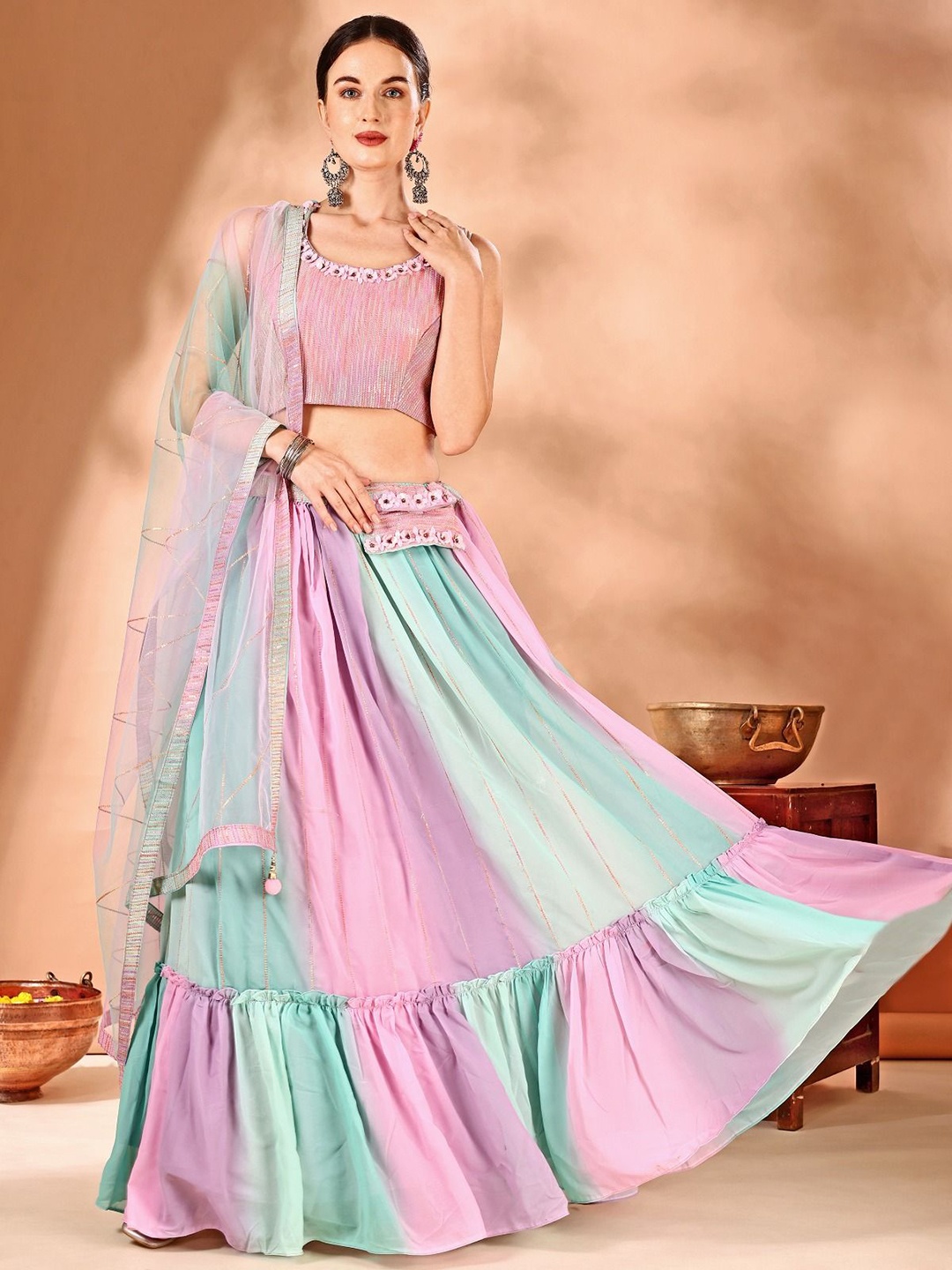 

JIVORA Embroidered Thread Work Ready to Wear Lehenga & Blouse With Dupatta, Pink