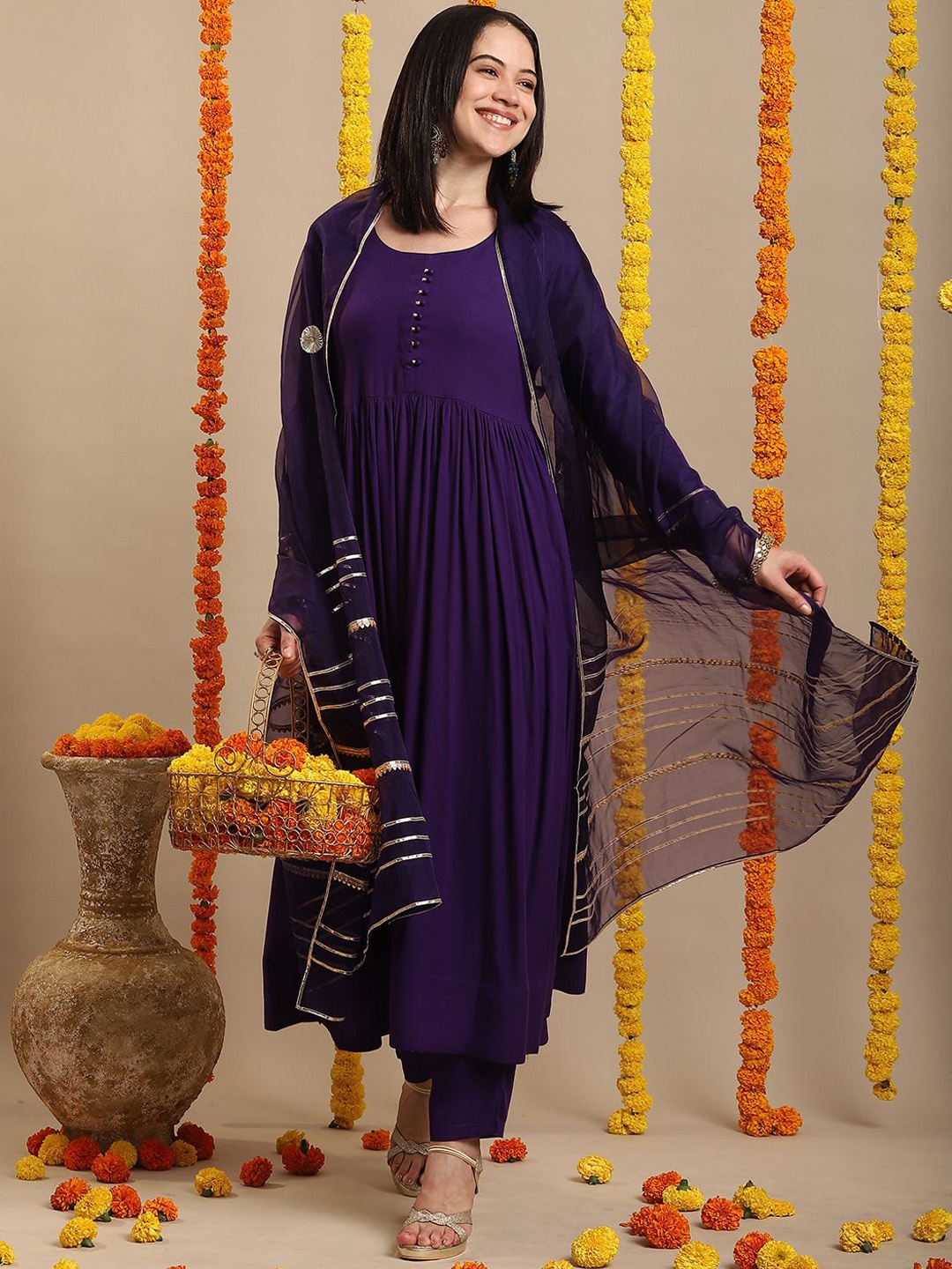 

GoSriKi Solid Anarkali Kurta With Trousers & Dupatta, Purple
