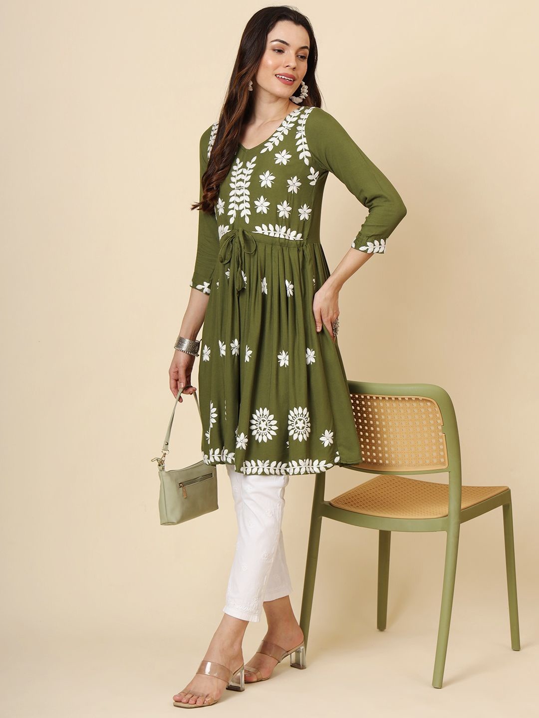 

HERE&NOW Women Embroidered A-Line Kurta, Olive