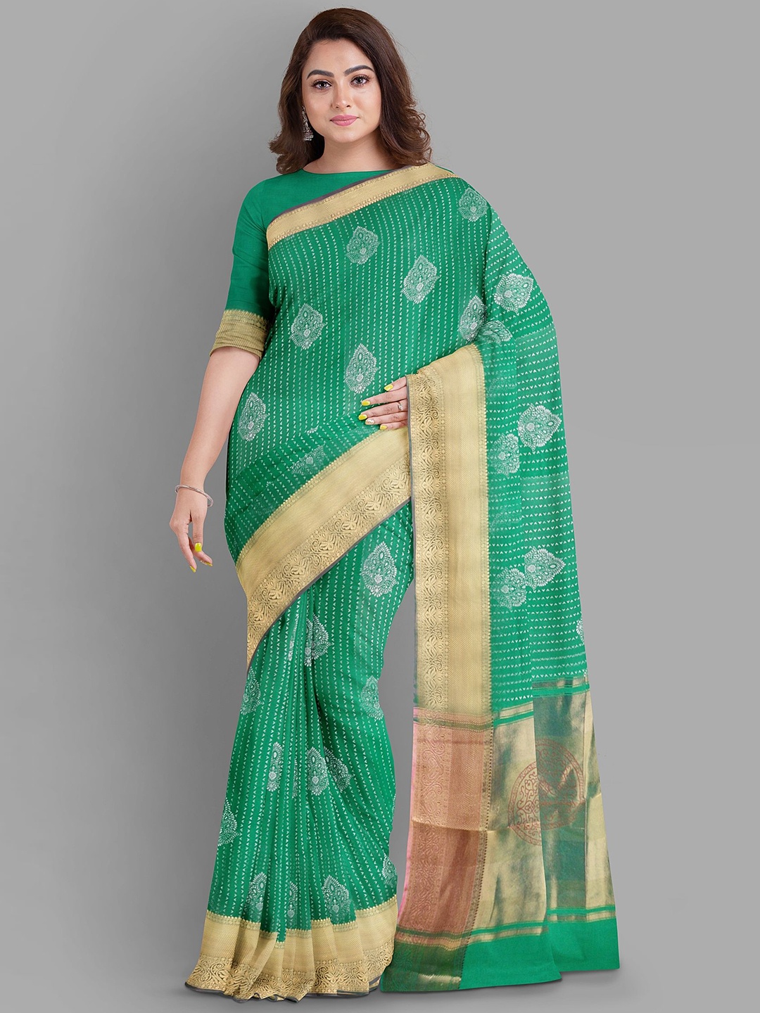 

The Chennai Silks Floral Zari Baluchari Saree, Green