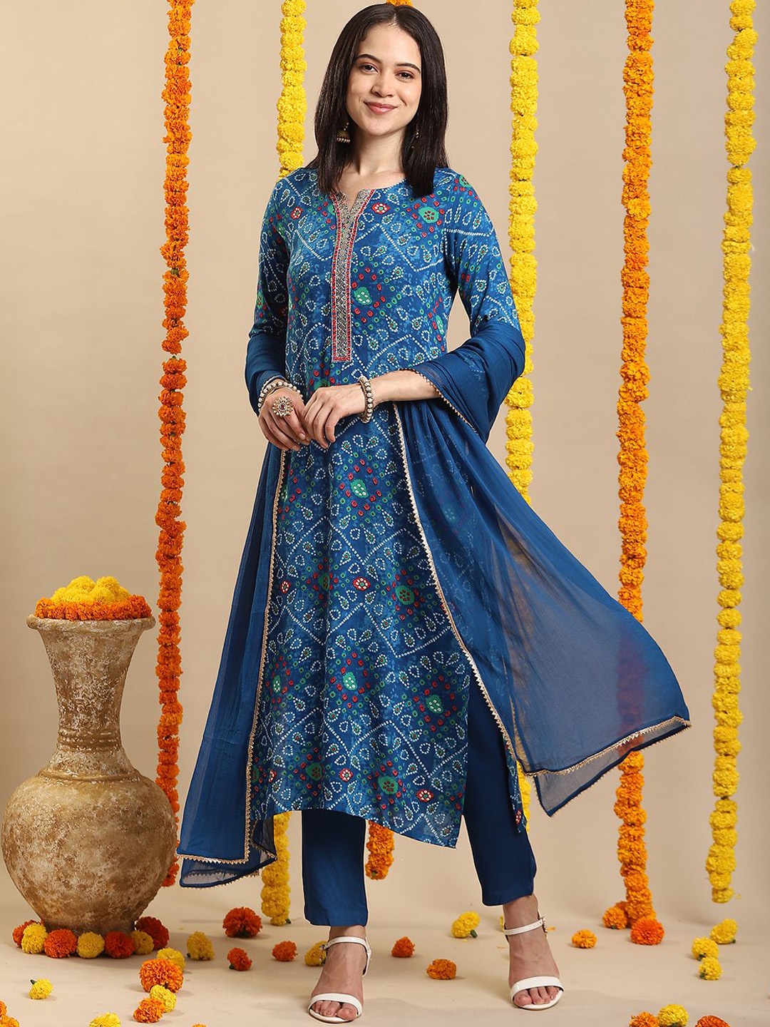 

Anni Designer Bandhani Printed Notch Neck Straight Kurta With Trousers & Dupatta, Blue