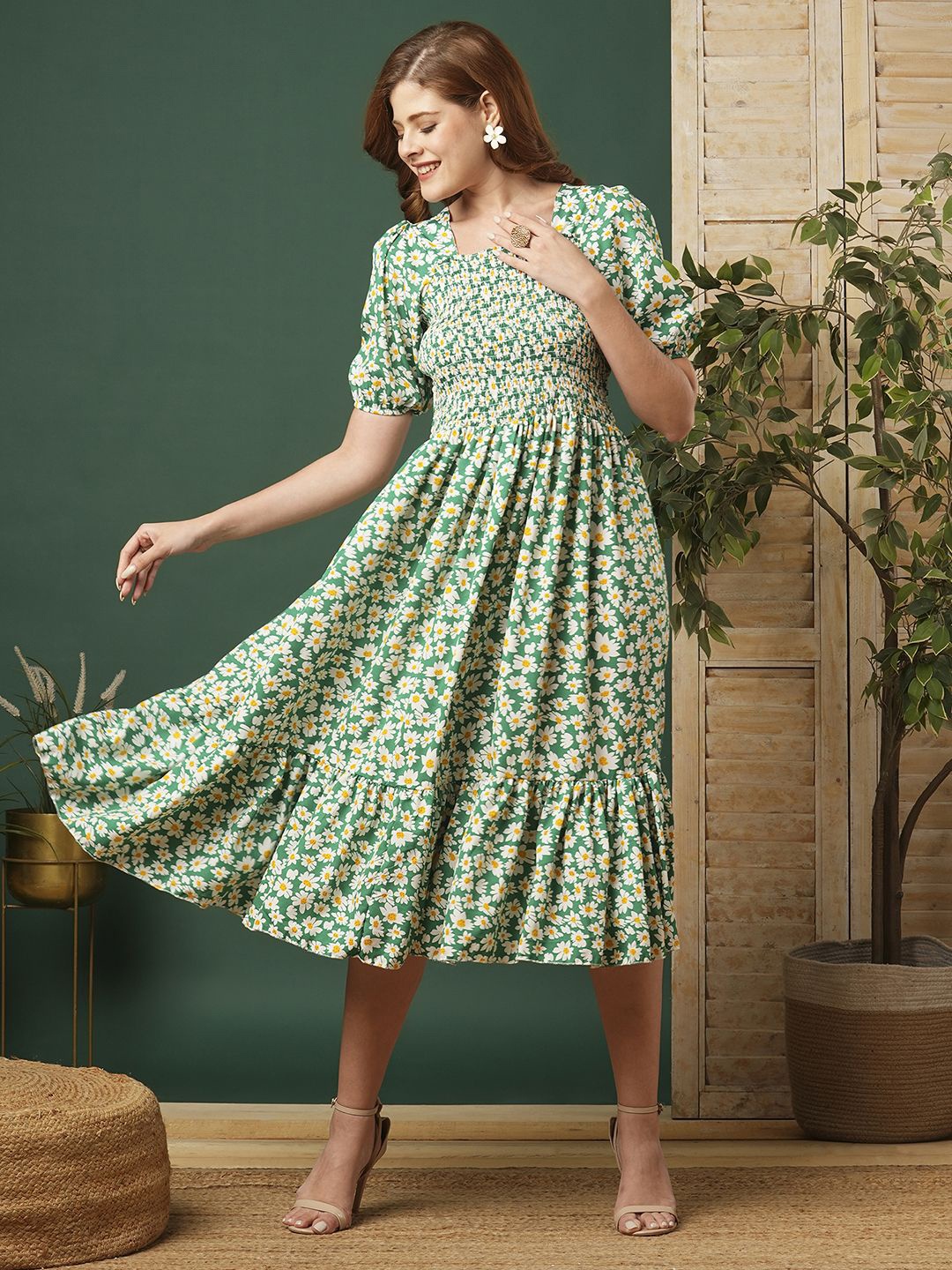 

DEKLOOK Women Floral Printed Puff Sleeves Fit & Flare Dress, Green