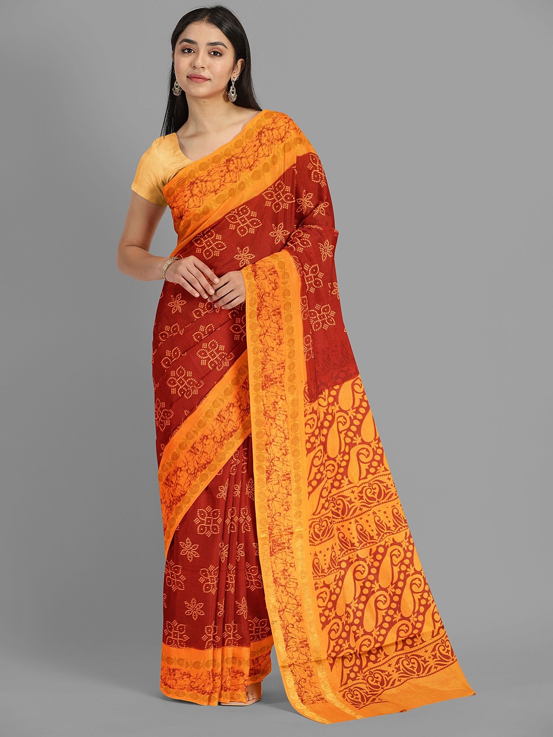 

The Chennai Silks Ethnic Motif Printed Pure Cotton Sungudi Saree, Red