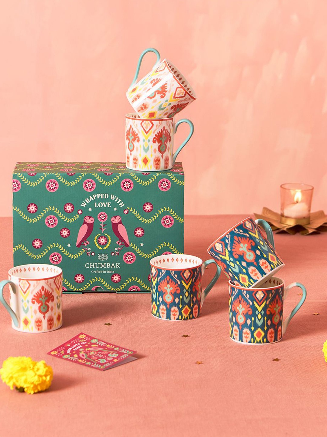 

Chumbak Green & Orange 6 Pieces Printed Ceramic Glossy Mugs 160 ml
