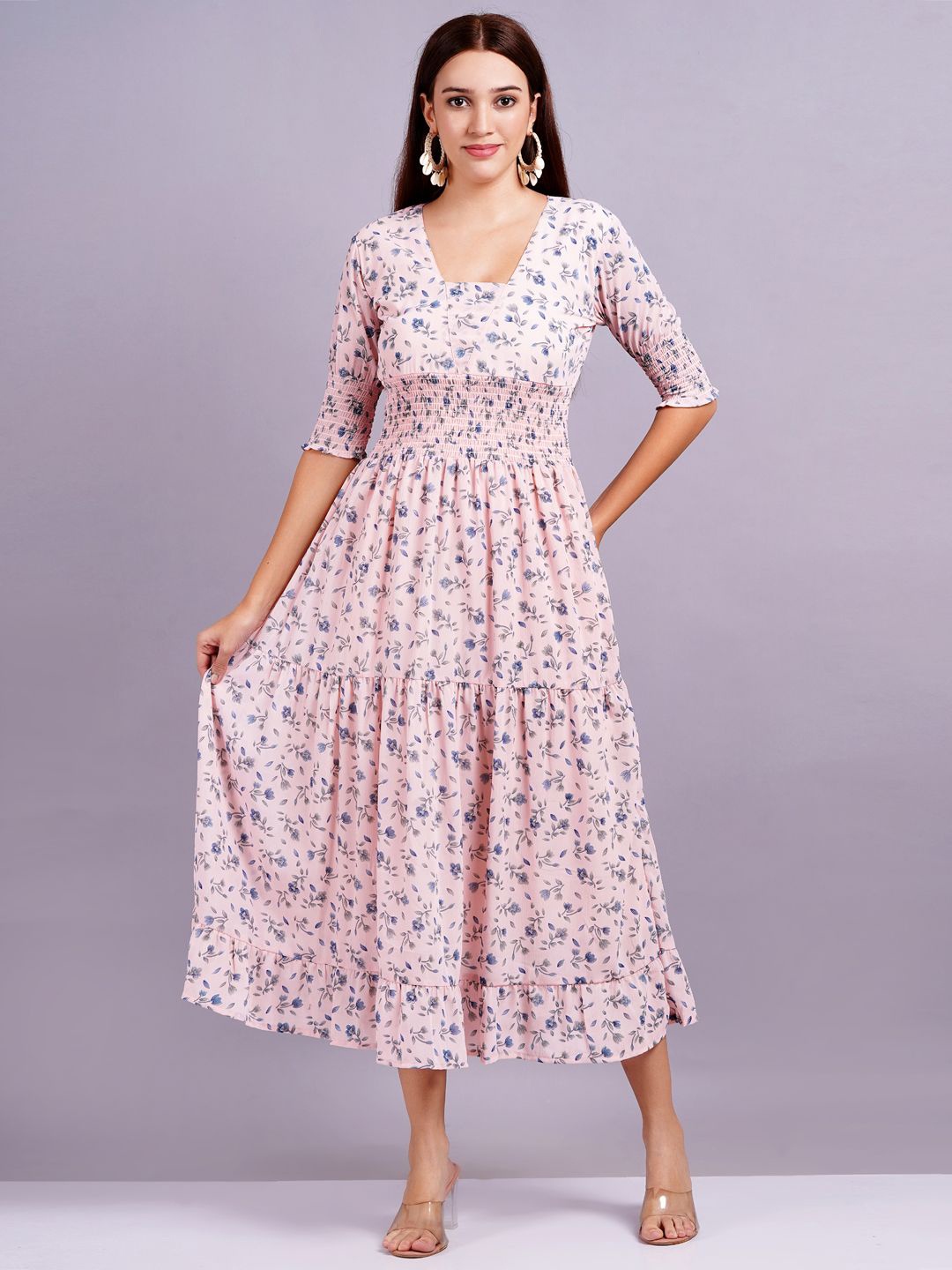

JC4U Women Print Fit & Flare Three-Quarter Sleeves Dress, Peach