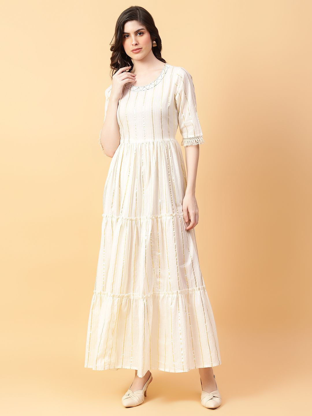 

aayusika Women Embroidered Casual Dress, Cream