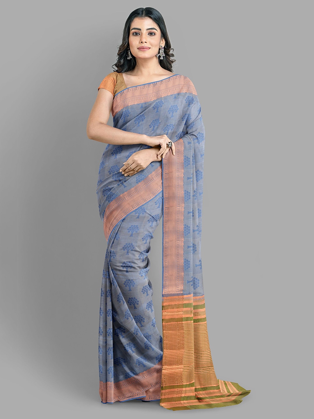 

The Chennai Silks Floral Printed Zari Saree, Blue
