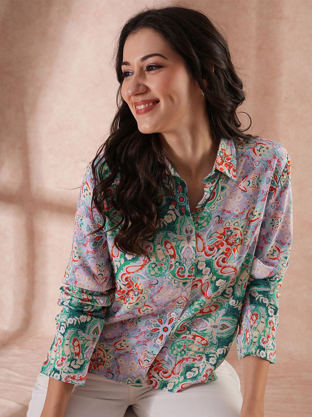 

Globus Women Ethnic Motifs Printed Shirt Style Top, Green