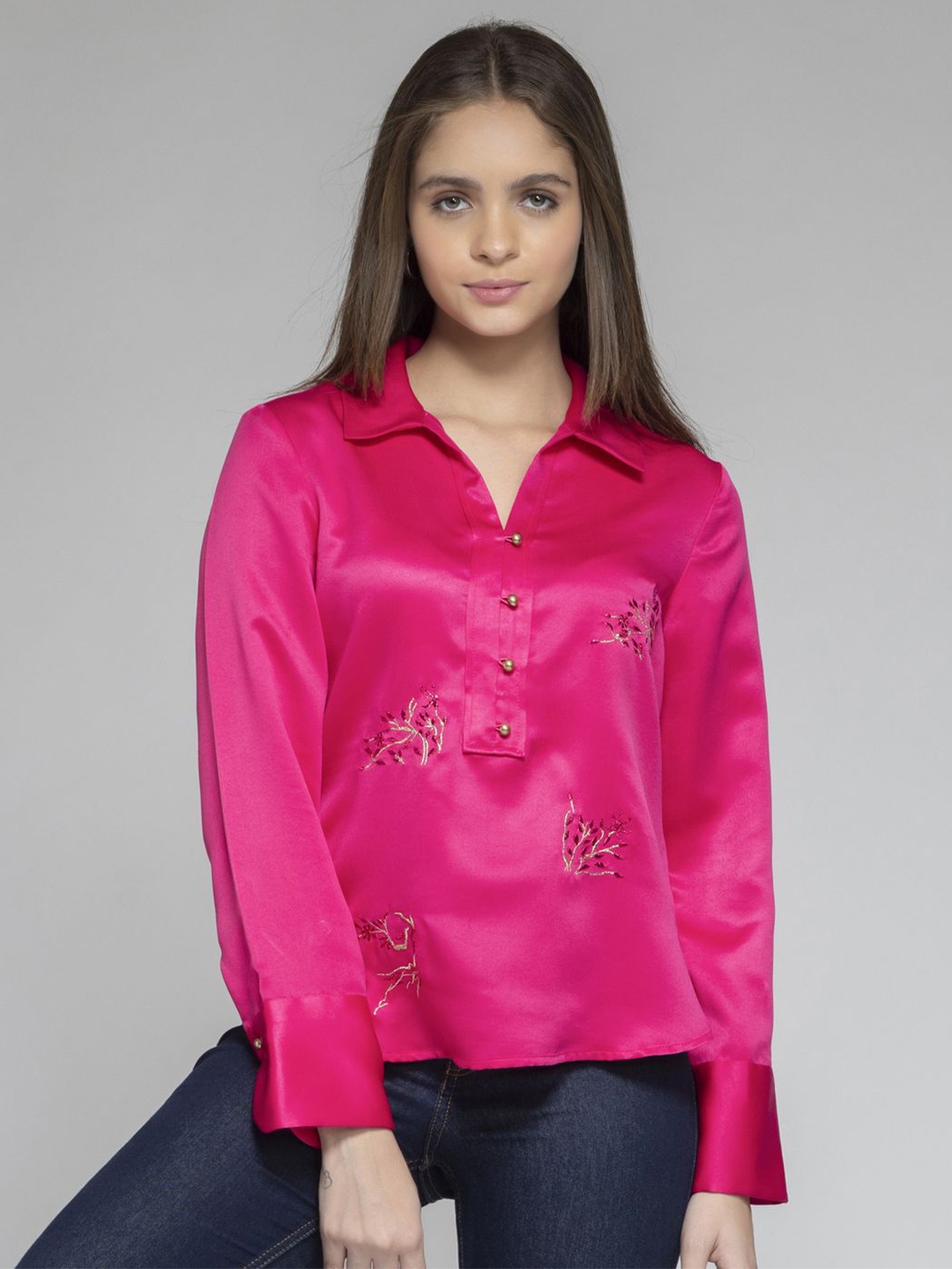 

SHAYE Women Embroidered Shirt Style Satin Top, Fuchsia