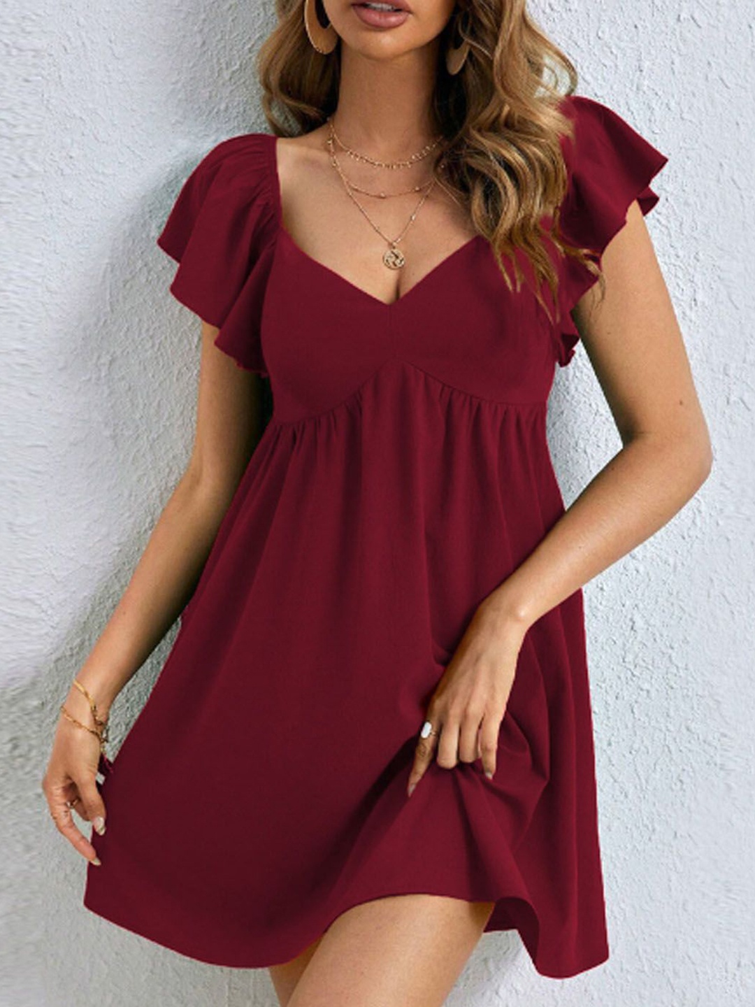 

StyleCast Women Flutter Sleeve Sweetheart Neck Fit & Flare Mini Dress, Burgundy