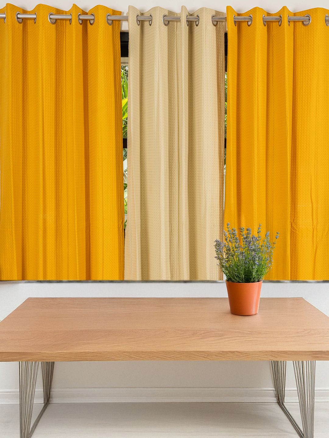 

URBAN SPACE Mustard & Cream-Coloured 3 Pieces Cotton Window Curtain