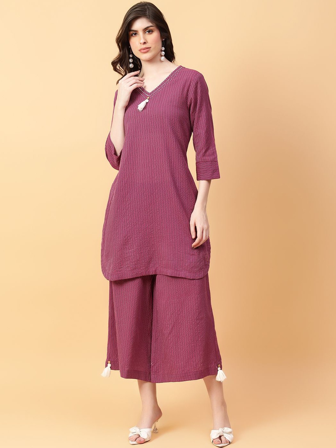 

aayusika Striped Pure Cotton Tunic With Capris, Mauve