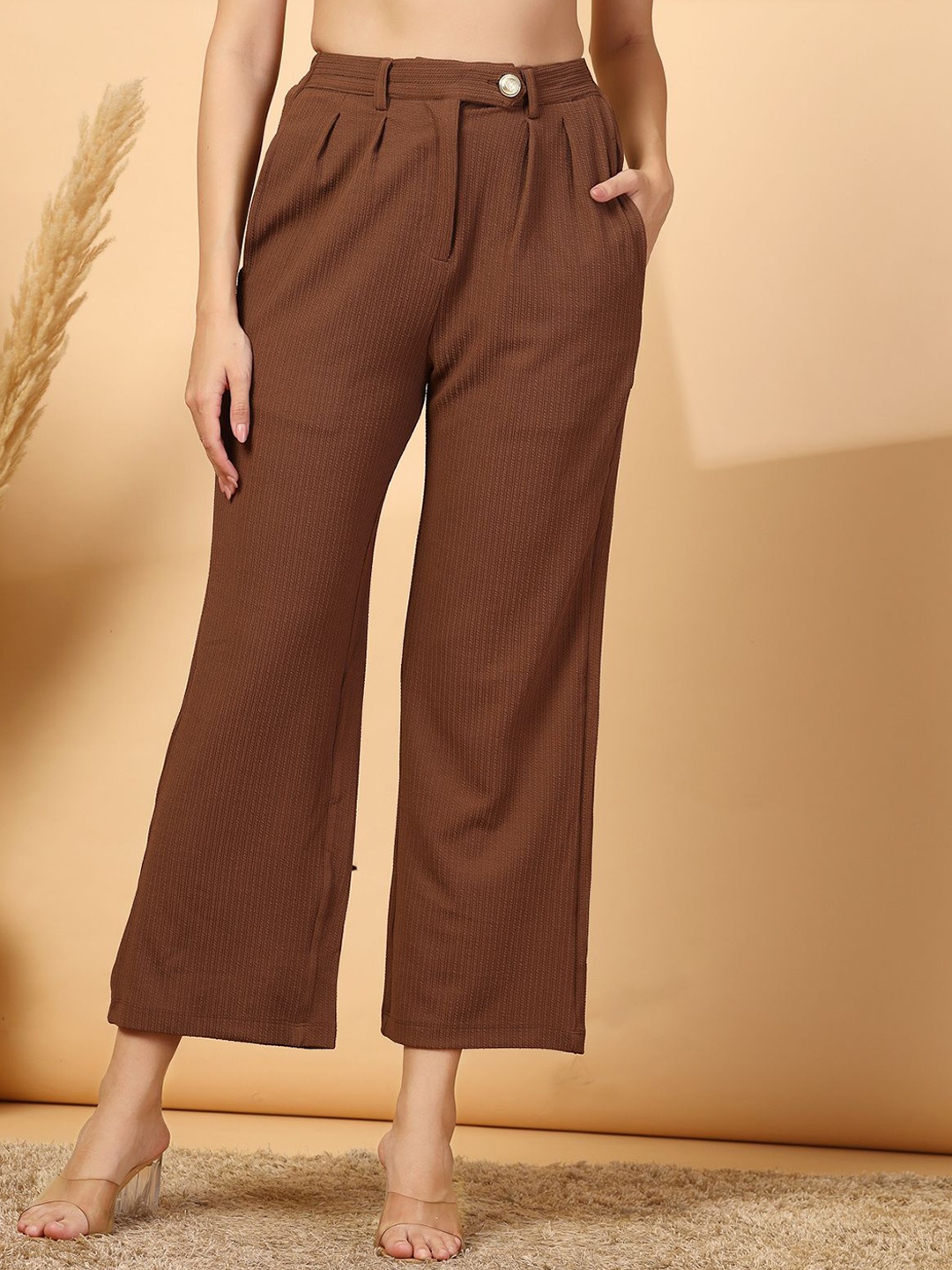 

plusS Women Regular Fit Pleated Trousers, Brown
