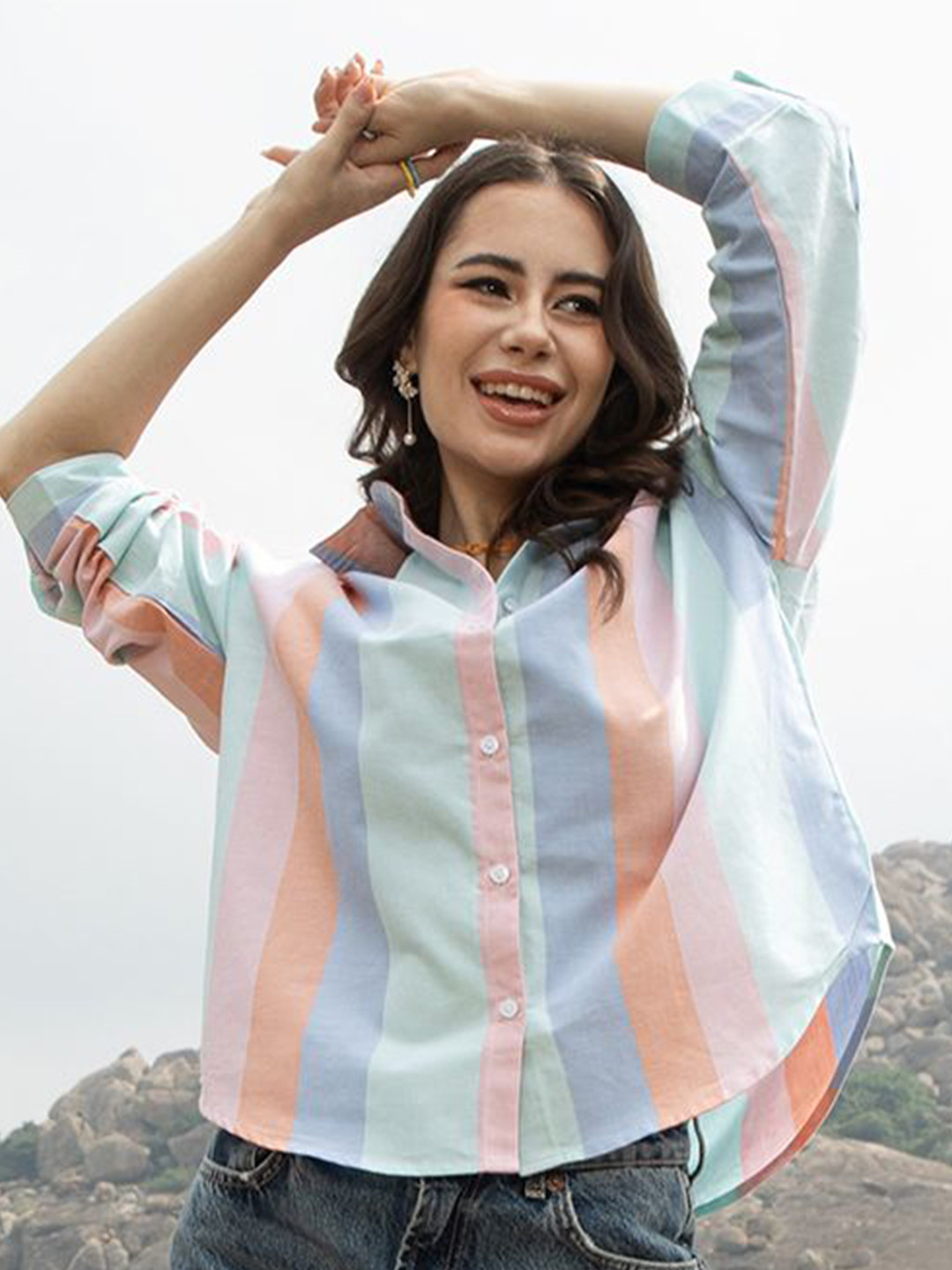

Campus Sutra Women Comfort Spread Collar Multi Striped Oversized Casual Shirt, Blue