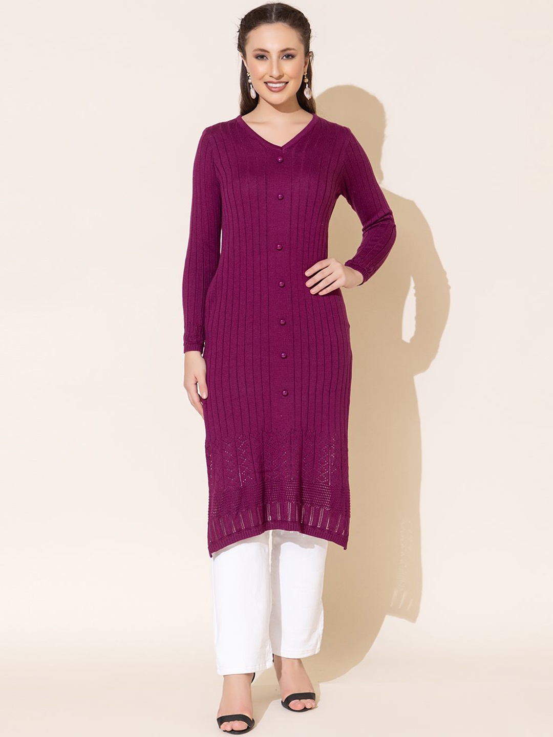 

Anouk Striped V-Neck Jacquard Regular Straight Kurta, Purple