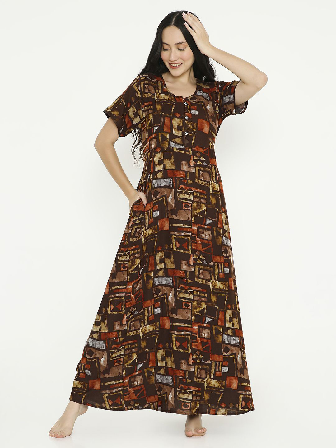 

NIGHTSPREE Geometric Printed Maxi Nightdress, Brown