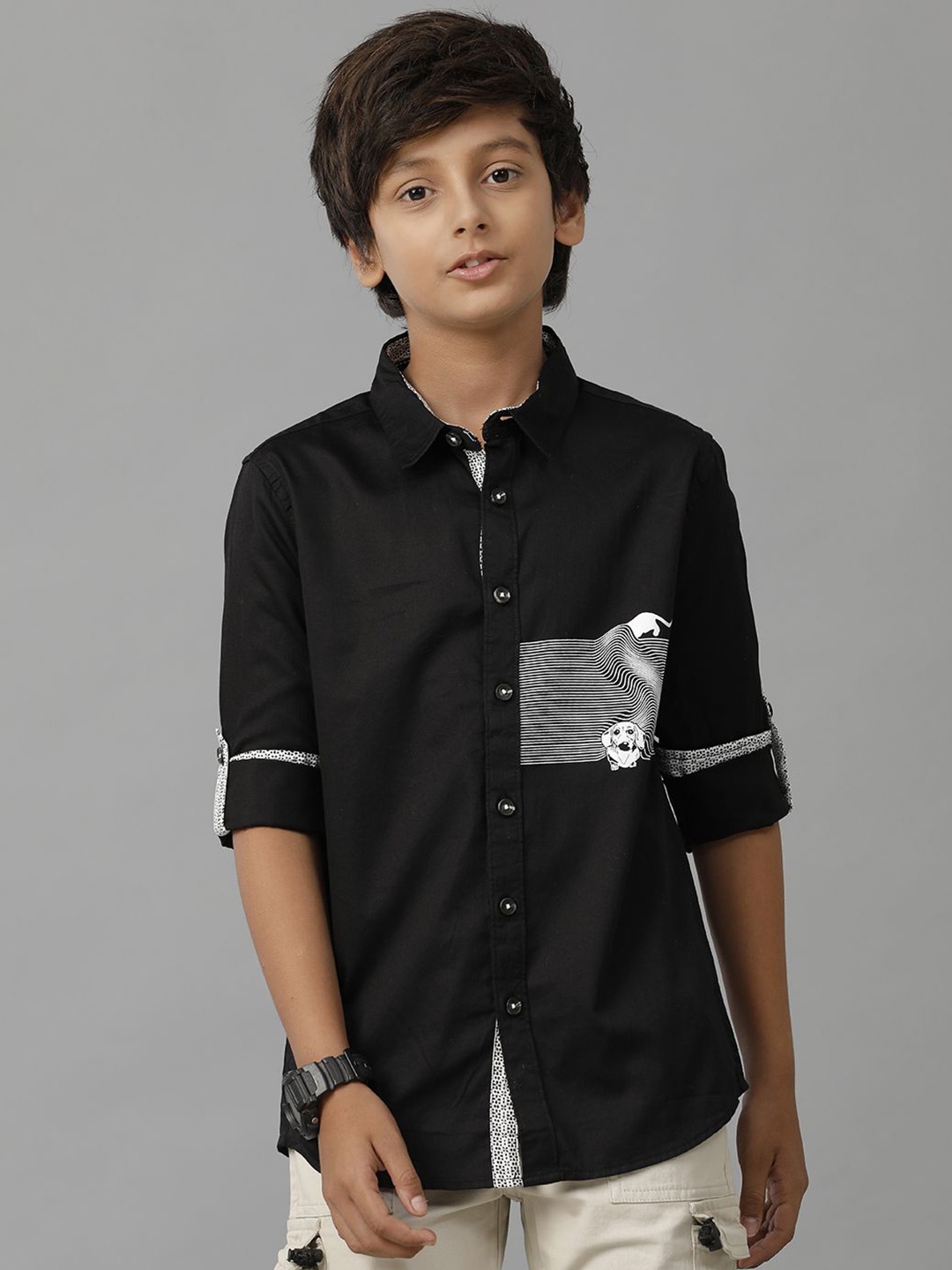 

UNDER FOURTEEN ONLY Boys Spread Collar Graphic Printed Cotton Casual Shirt, Black