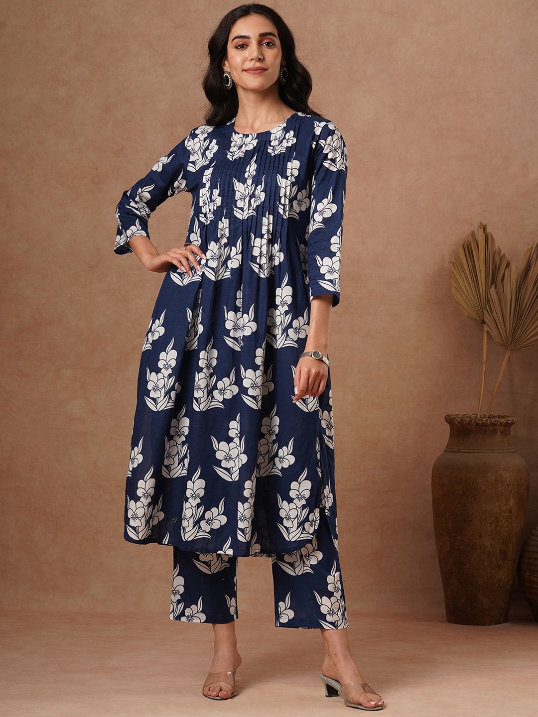 

FASHOR Floral Printed Round Neck Three-Quarter Sleeves Pure Cotton Top & Trouser, Navy blue