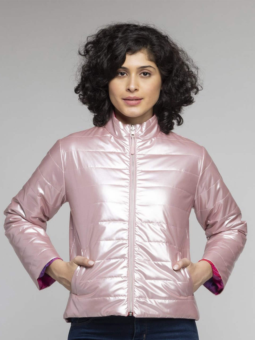 

SHAYE Women Mock Collar Solid Casual Puffer Reversible Jacket, Pink