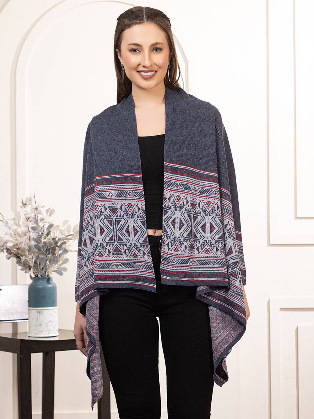 

Anouk Blue Geometric Printed Open Front Shrug