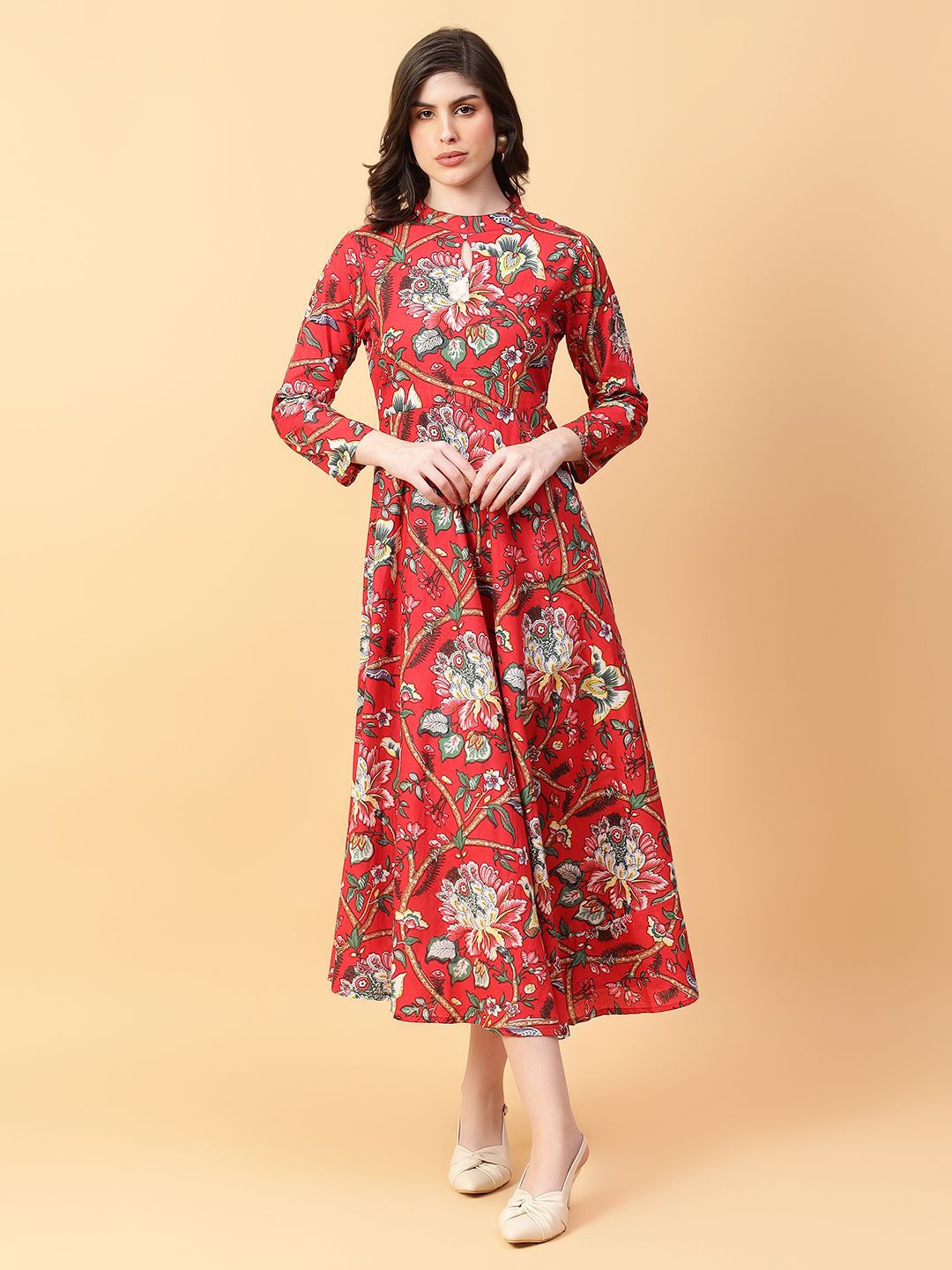 

aayusika Women Floral Printed Cotton A-line Midi Dress, Red