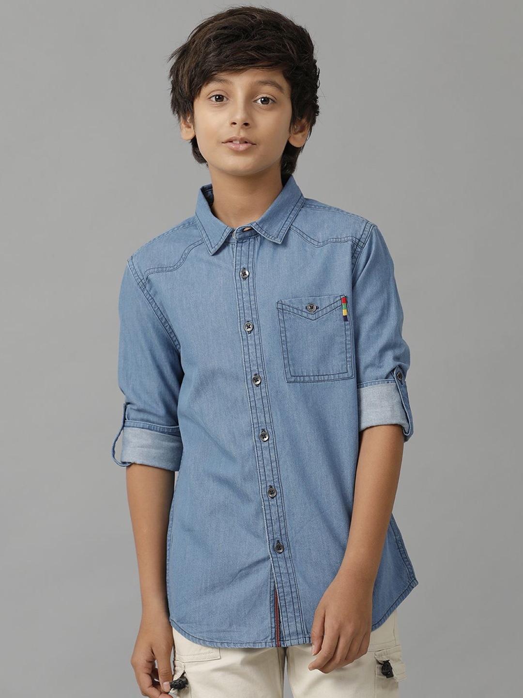 

UNDER FOURTEEN ONLY Boys Spread Collar Solid Cotton Casual Shirt, Blue