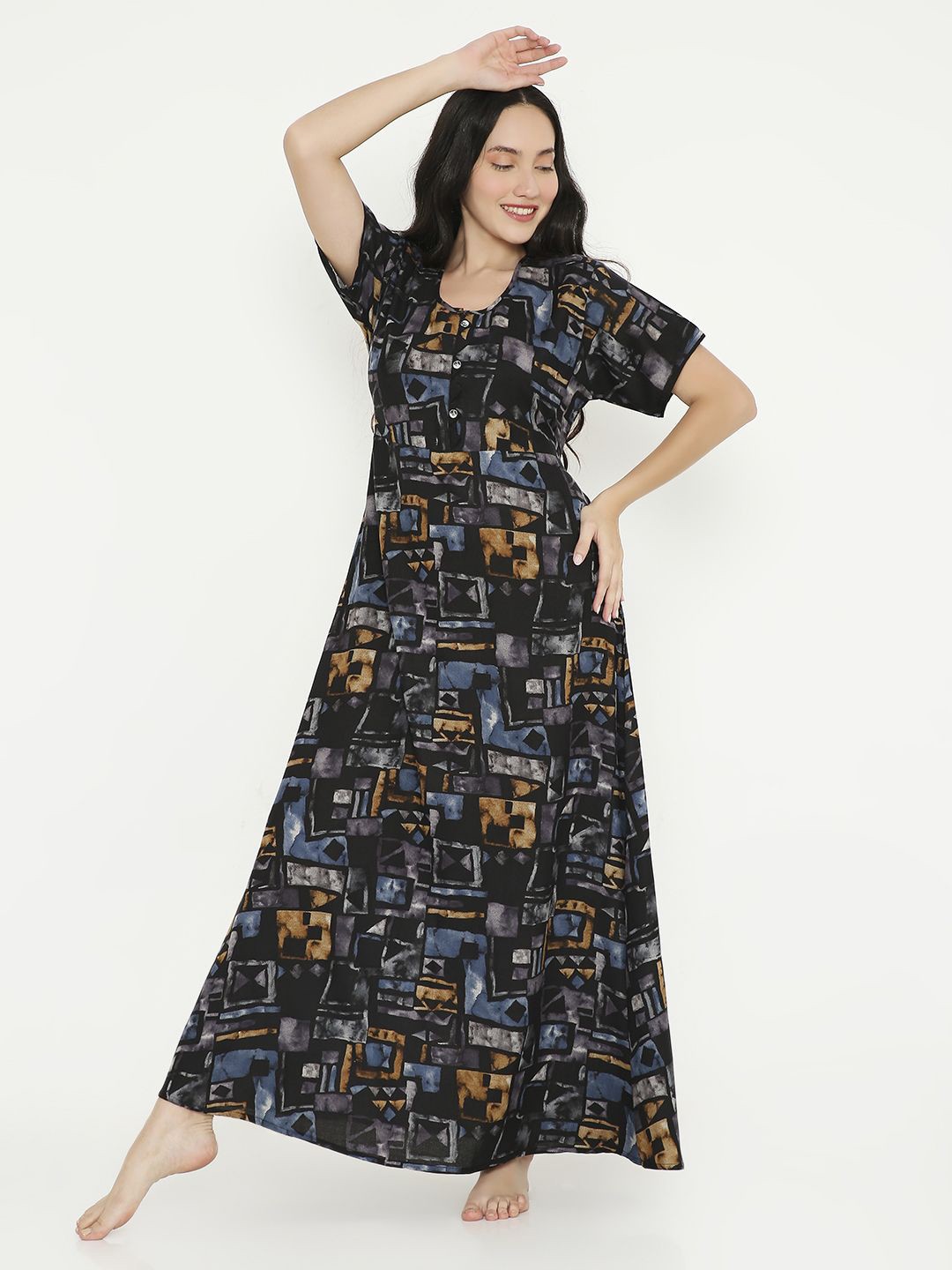 

NIGHTSPREE Women Printed Maxi Nightdress, Black